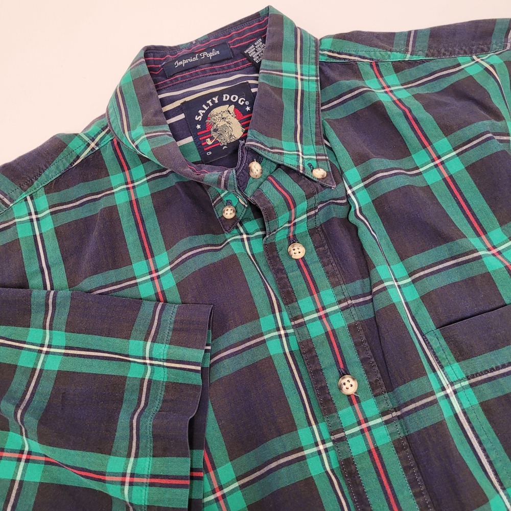 Gant Salty Dog Shirt Mens Large Green Plaid Imperial Poplin SS Excellent Button